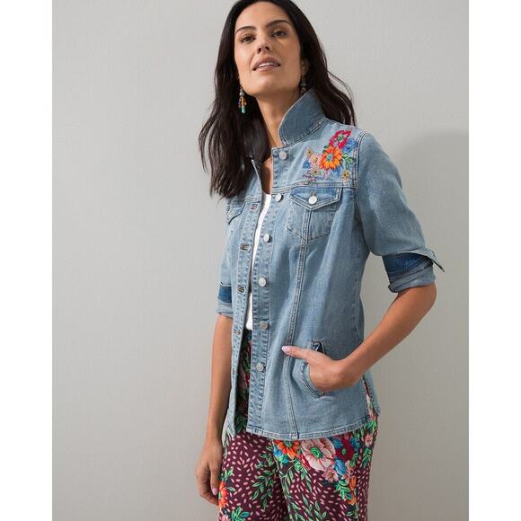 Chico's Womens Embroidered Floral Jean Jacket Shacket Stretch Welt/Chest Pockets - Picture 1 of 15
